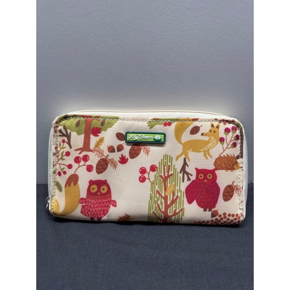 Lily Bloom Woodland Animal Print Wallet With Zipper & Bright Green Interior